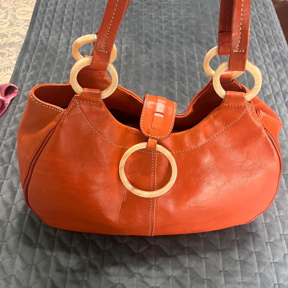 Adrienne Vittadini Orange Leather Shoulder Bag with Wooden Ring Hardware